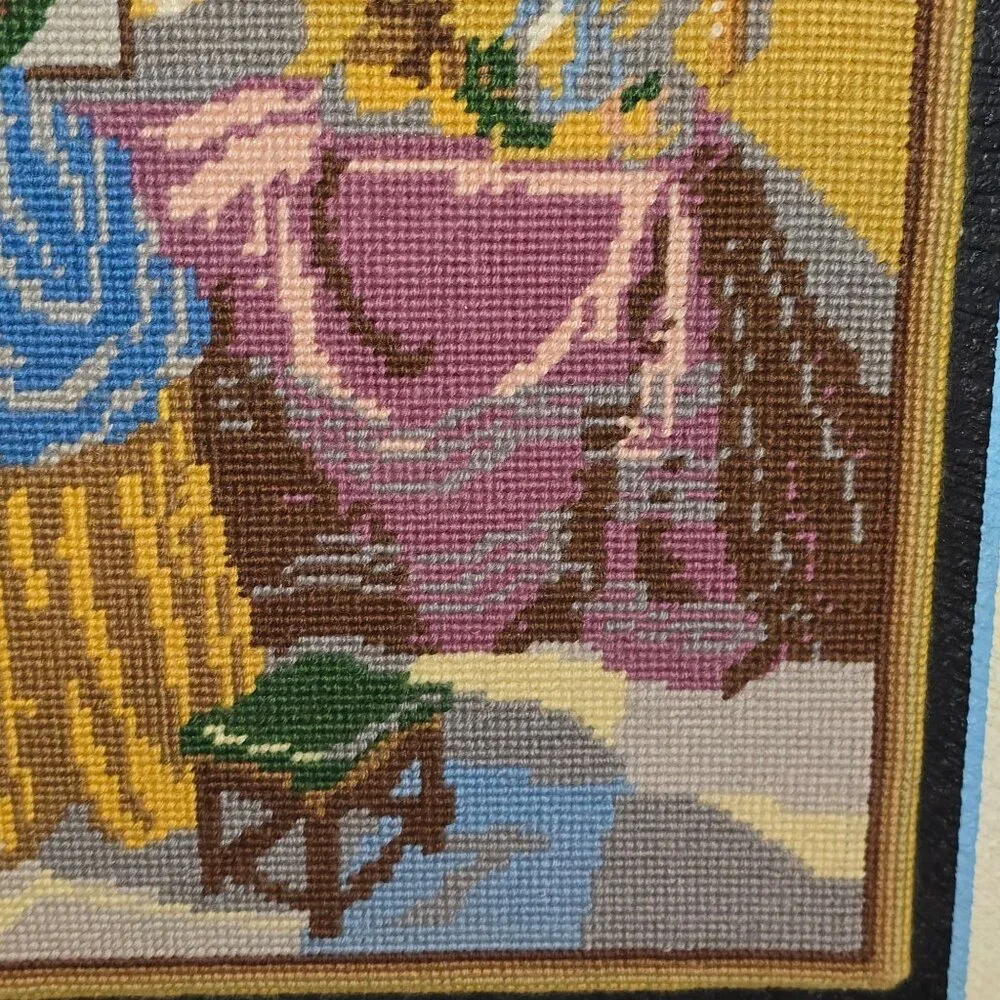 Vintage Framed Needlepoint Of Woman/Girl Looking out Window Large 23x20 Inches - Picture 10 of 11